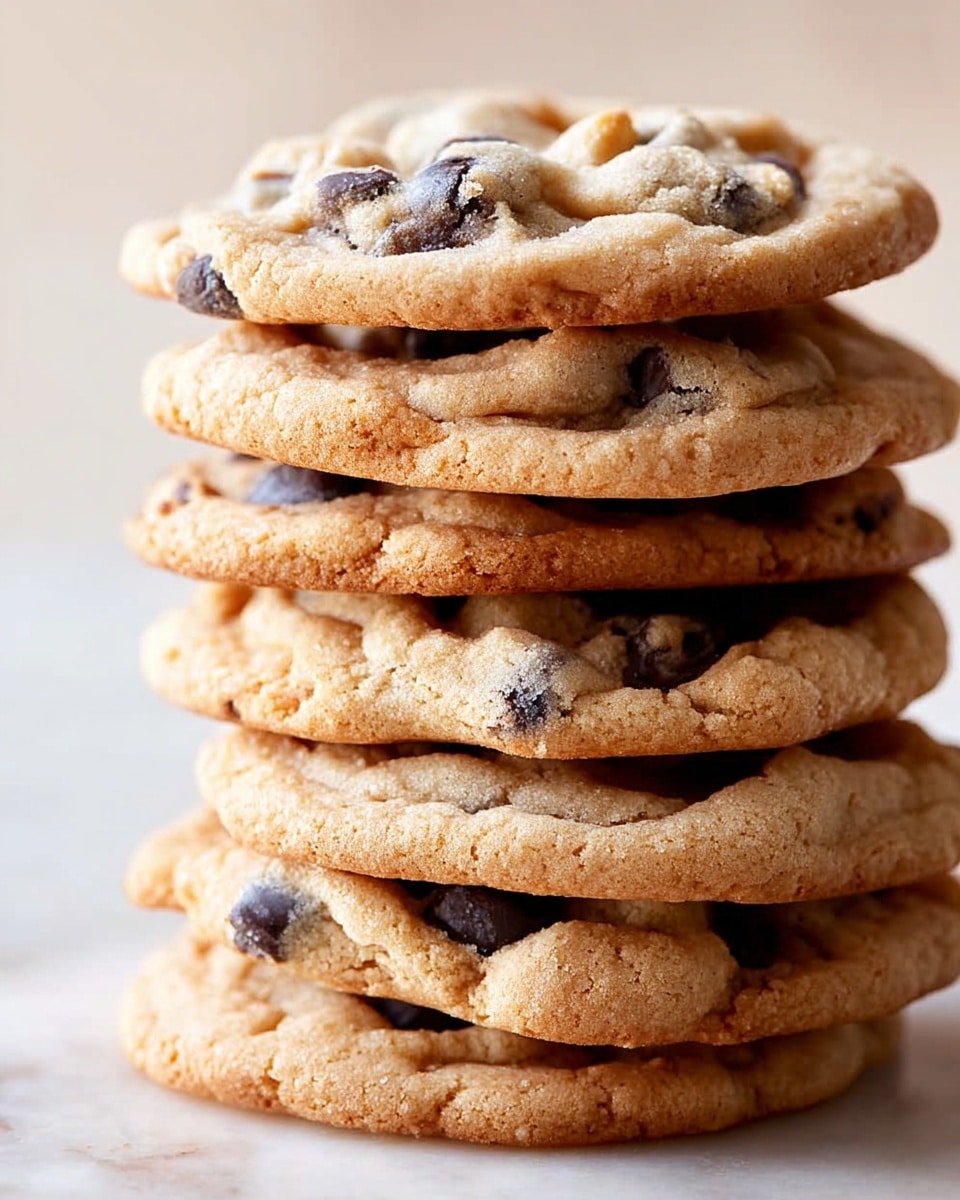 A close-up view of a stack of seven chocolate chip cookies on a white marbled surface. Each cookie layer has a light golden-brown color with a soft, slightly crumbly texture, and visible dark chocolate chips are embedded unevenly throughout. The top cookie shows some small wrinkles and slightly raised spots where the dough is thicker. The edges of the cookies are slightly darker and a bit crispier compared to the lighter, softer middle parts. Photo taken with an iphone --ar 4:5 --v 7