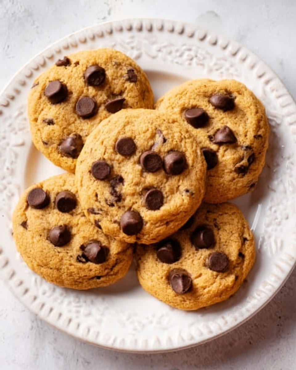 A close-up view of six golden brown chocolate chip cookies arranged in a slightly overlapping circle on a white plate with a delicate embossed pattern. The cookies have a soft, slightly cracked texture with large, glossy dark chocolate chips scattered evenly on top. The plate sits on a white marbled surface, creating a clean and bright background that highlights the warm tones of the cookies. Photo taken with an iphone --ar 4:5 --v 7