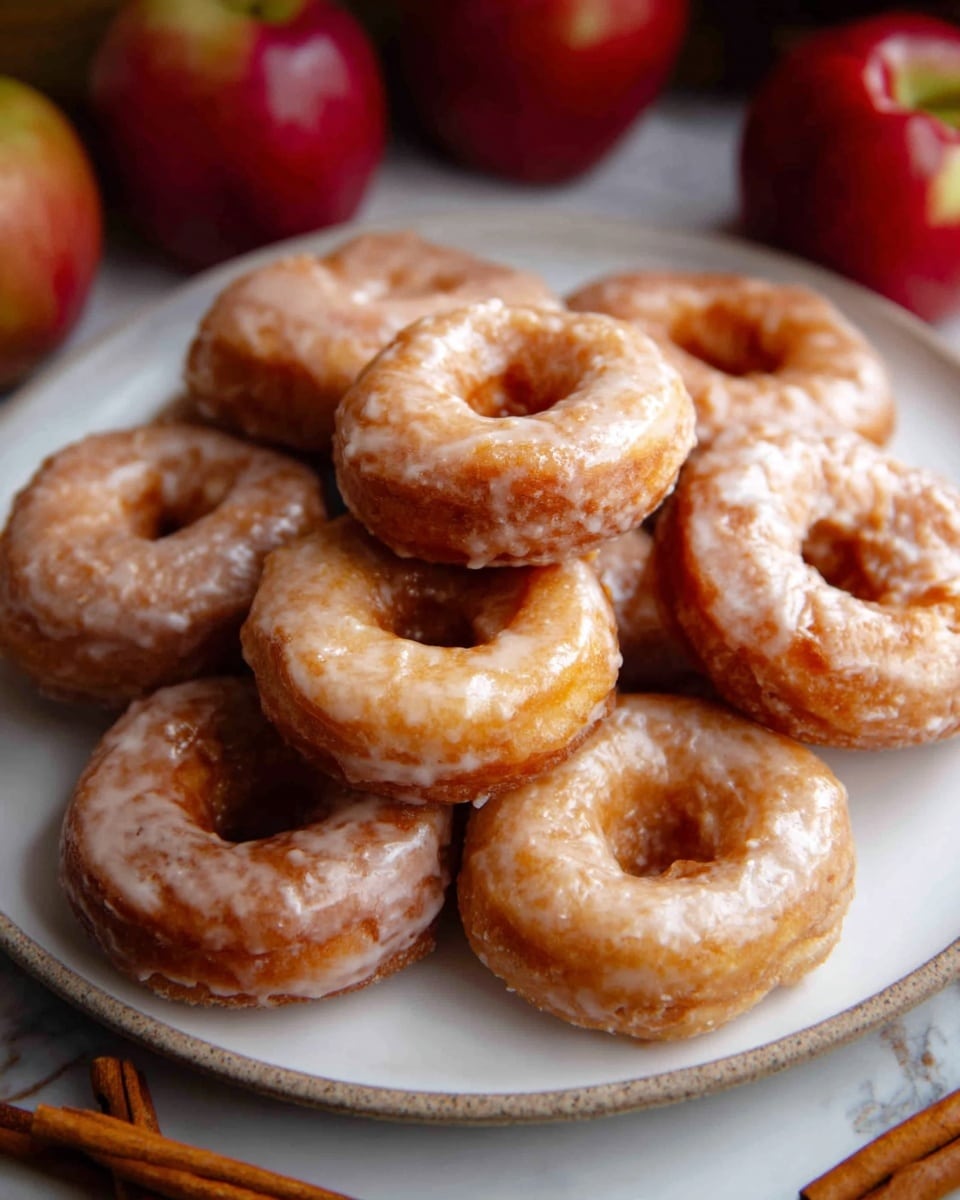 A white plate filled with several round, golden-brown glazed donuts stacked loosely on top of each other, each donut shiny with a smooth sugar glaze covering the surface, giving them a slightly wet and sticky look. The plate sits on a white marbled surface, with red apples and cinnamon sticks blurred in the background. photo taken with an iphone --ar 4:5 --v 7