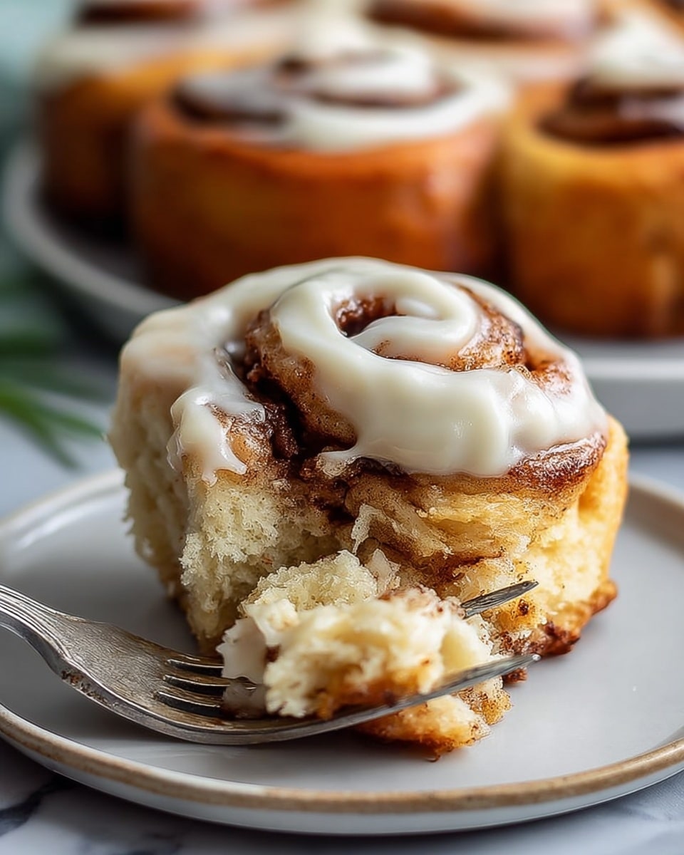 A close-up image of a small cinnamon roll held by a silver fork, showing three visible layers of soft, baked dough twisted with a rich cinnamon spiral inside. The top layer is lightly browned and topped unevenly with smooth white cream cheese frosting. The cinnamon swirl has a dark, slightly shiny texture from cinnamon sugar, contrasting with the light, fluffy dough. The roll sits on a white plate with a rough edge, against a blurred white marbled surface background. Photo taken with an iphone --ar 4:5 --v 7