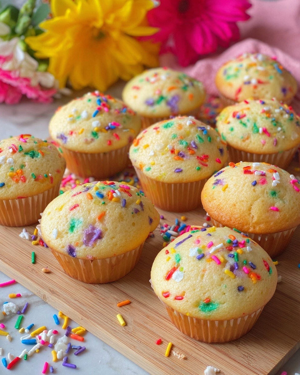 The image shows a group of light golden cupcakes with colorful sprinkles mixed throughout the batter. Each cupcake has a smooth, slightly domed top with red, green, blue, yellow, purple, orange, and white sprinkles clearly visible inside and on top. They are arranged closely together on a light wooden board, with some sprinkles scattered around it. The background features a bright pink and yellow flower bouquet on a white marbled surface. The cupcakes are in brown paper liners, and the overall scene looks bright and cheerful. photo taken with an iphone --ar 4:5 --v 7