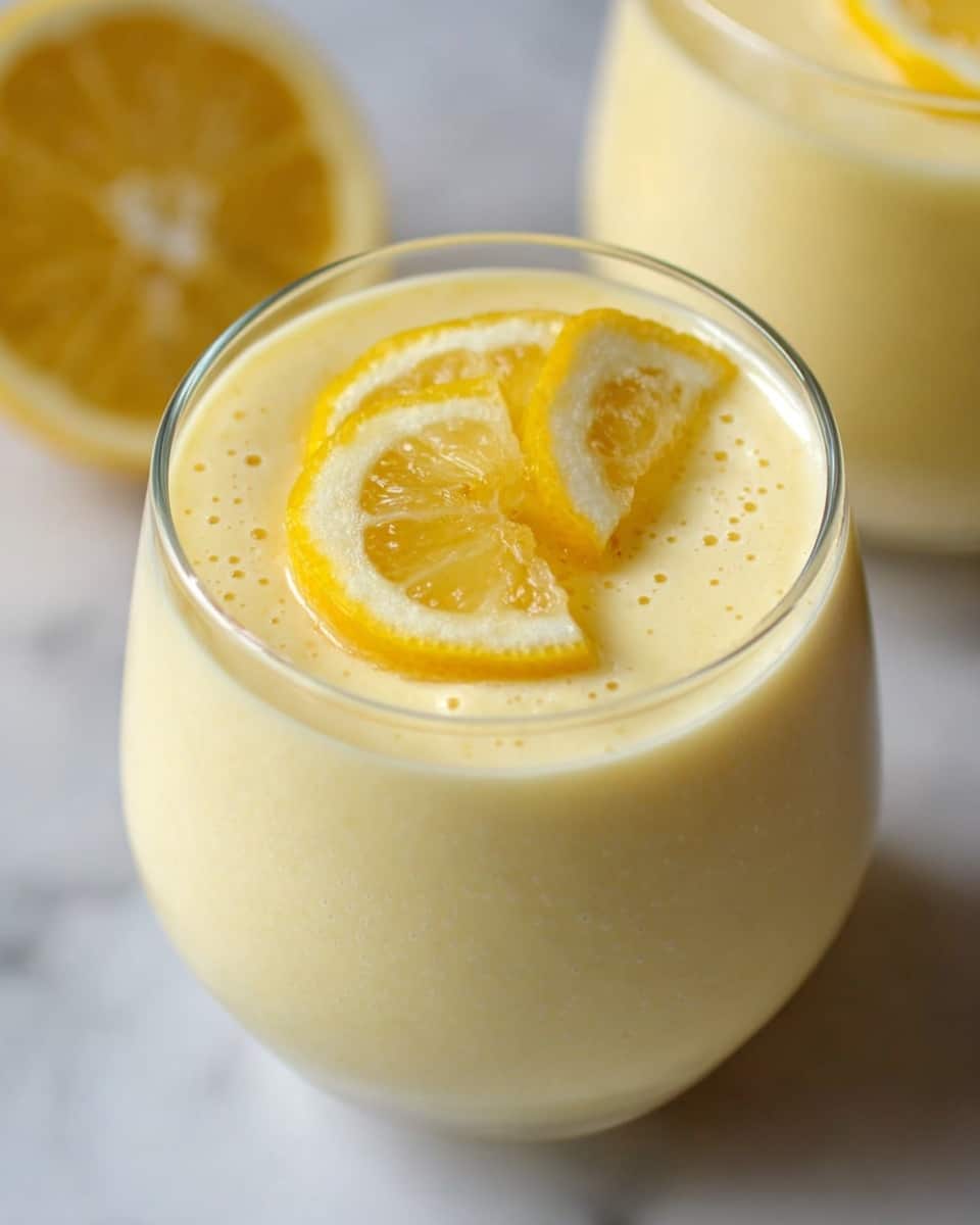 A clear glass is filled with a smooth, creamy yellow lemon dessert, with tiny bubbles throughout its thick texture. On the top layer sits a thin slice of fresh lemon, bright yellow with a slightly translucent look, centered and flat. The glass is set on a white marbled surface, and another similar glass is blurry in the background. photo taken with an iphone --ar 4:5 --v 7