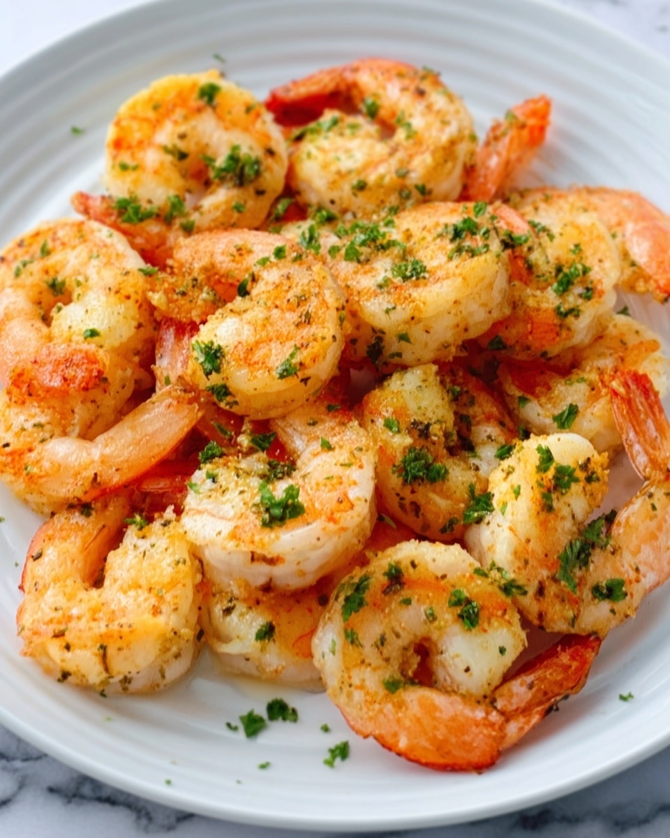 A white plate holds a pile of cooked shrimp, each shrimp pink and orange with light brown seasoning on the surface. The shrimp look juicy and are sprinkled with small green parsley pieces. The plate is on a white marbled surface, and the shrimp are arranged to show their curved shapes, some with tails still on. photo taken with an iphone --ar 4:5 --v 7