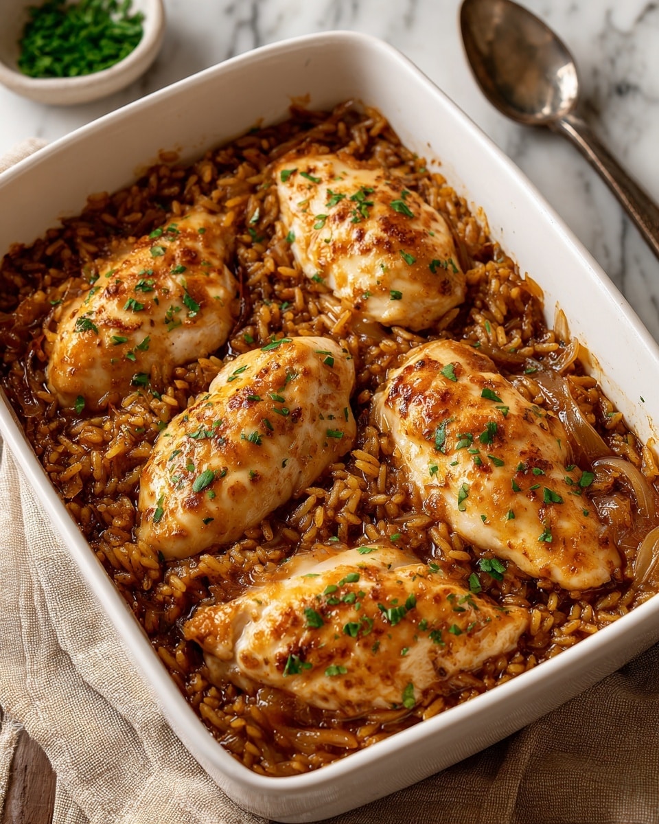 A white square baking dish filled with six grilled, golden-brown chicken breasts arranged in two rows, sitting on a thick bed of brown, saucy orzo pasta that fills the dish evenly. The chicken breasts have a slightly charred, crispy texture with small green herb bits sprinkled on top. The orzo appears soft and coated in a rich sauce, with its grains visible between the chicken pieces. The dish is placed on a white marbled surface with a beige cloth underneath, accompanied by a silver spoon on the right and a small bowl of chopped green herbs in the top left corner. photo taken with an iphone --ar 4:5 --v 7
