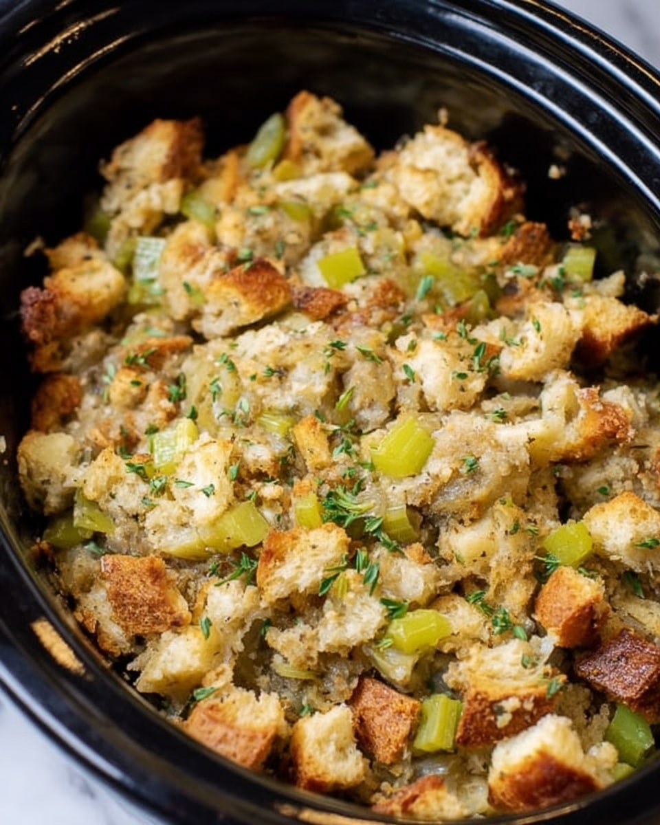 The image shows a close-up of a cooked dish in a black pot, filled with chunky pieces of golden brown bread mixed with cooked celery and onions. The food has a crispy texture with some soft bits covered in a light, creamy sauce. There are small green herb pieces sprinkled evenly on top, adding a fresh look. The dish fills the pot almost fully, showing various shades of brown, green, and cream. The background is a white marbled texture. Photo taken with an iphone --ar 4:5 --v 7