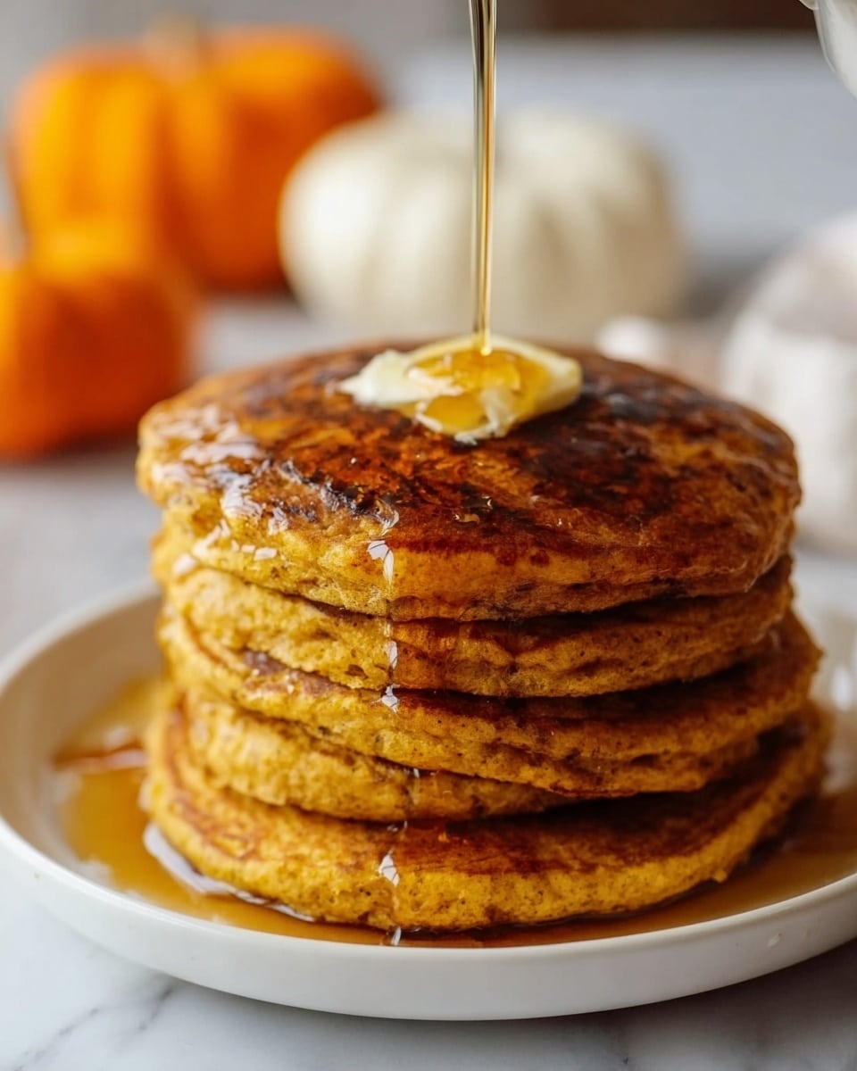 A stack of four thick pumpkin pancakes sits on a white plate, each pancake showing a warm orange-brown color with a soft, slightly rough texture filled with small air pockets. On top of the stack is a small square of butter slowly melting, and golden syrup is being poured from above, flowing down the sides and pooling at the bottom plate. The background is a soft, blurred white marbled texture with some out-of-focus pumpkins, adding a cozy autumn feel. photo taken with an iphone --ar 4:5 --v 7
