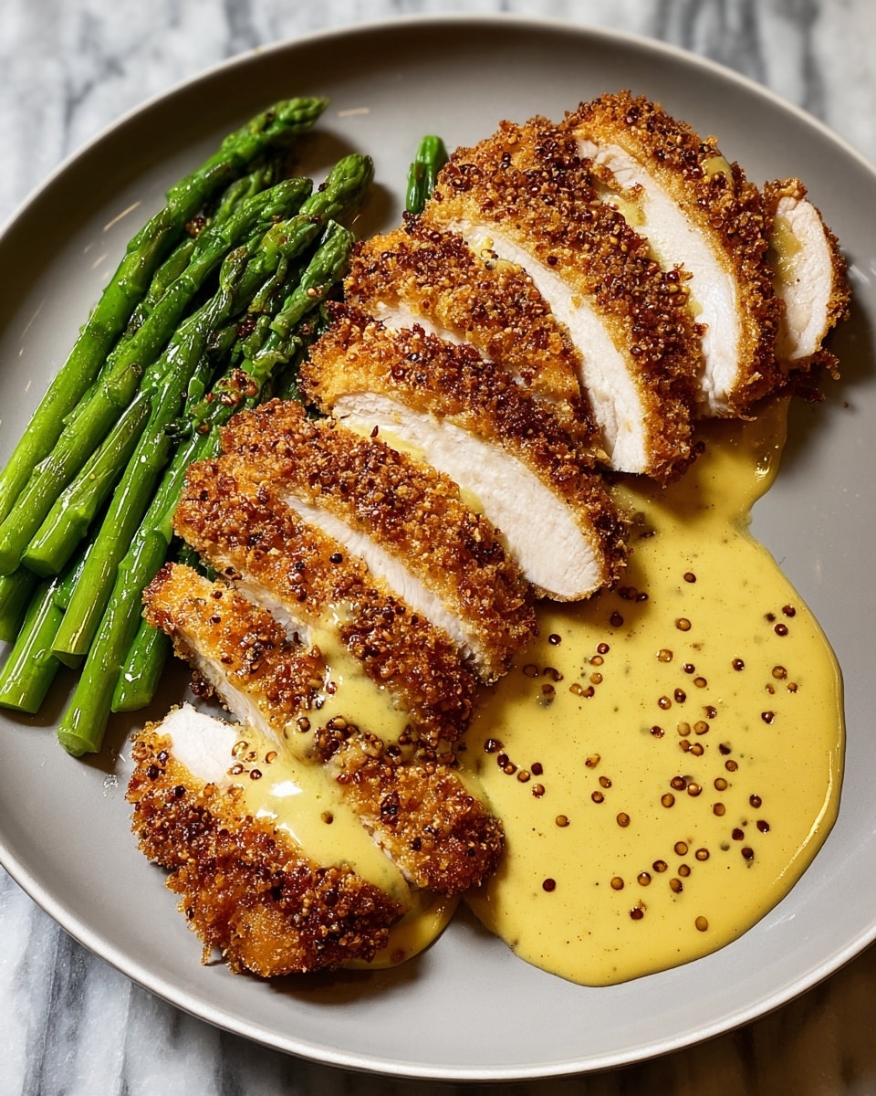 A white plate holds five thick slices of crispy, golden-brown crusted chicken arranged slightly overlapping in the center-right. The inside of the chicken is light and juicy. A creamy, pale yellow sauce with visible brown mustard seeds is poured over the chicken slices and pools to the right side of the plate. On the upper left side of the plate, there is a small pile of bright green cooked asparagus spears with a shiny texture. The plate sits on a white marbled surface. photo taken with an iphone --ar 4:5 --v 7