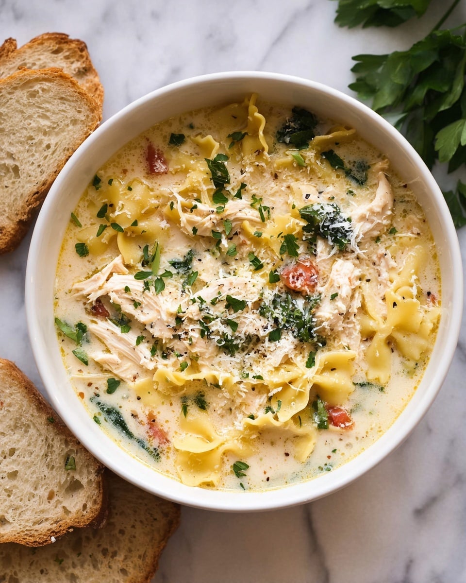 A white bowl filled with creamy chicken soup showing visible layers: shredded white chicken pieces spread throughout, yellow curly-edged lasagna noodles floating in the light cream broth, small bits of green spinach leaves scattered inside, and tiny red tomato pieces adding color. The top is sprinkled with finely grated white cheese and chopped fresh green herbs. The bowl rests on a white marbled surface with some green leaves in the top right corner and slices of light brown seeded bread placed on the lower left side. Photo taken with an iphone --ar 4:5 --v 7
