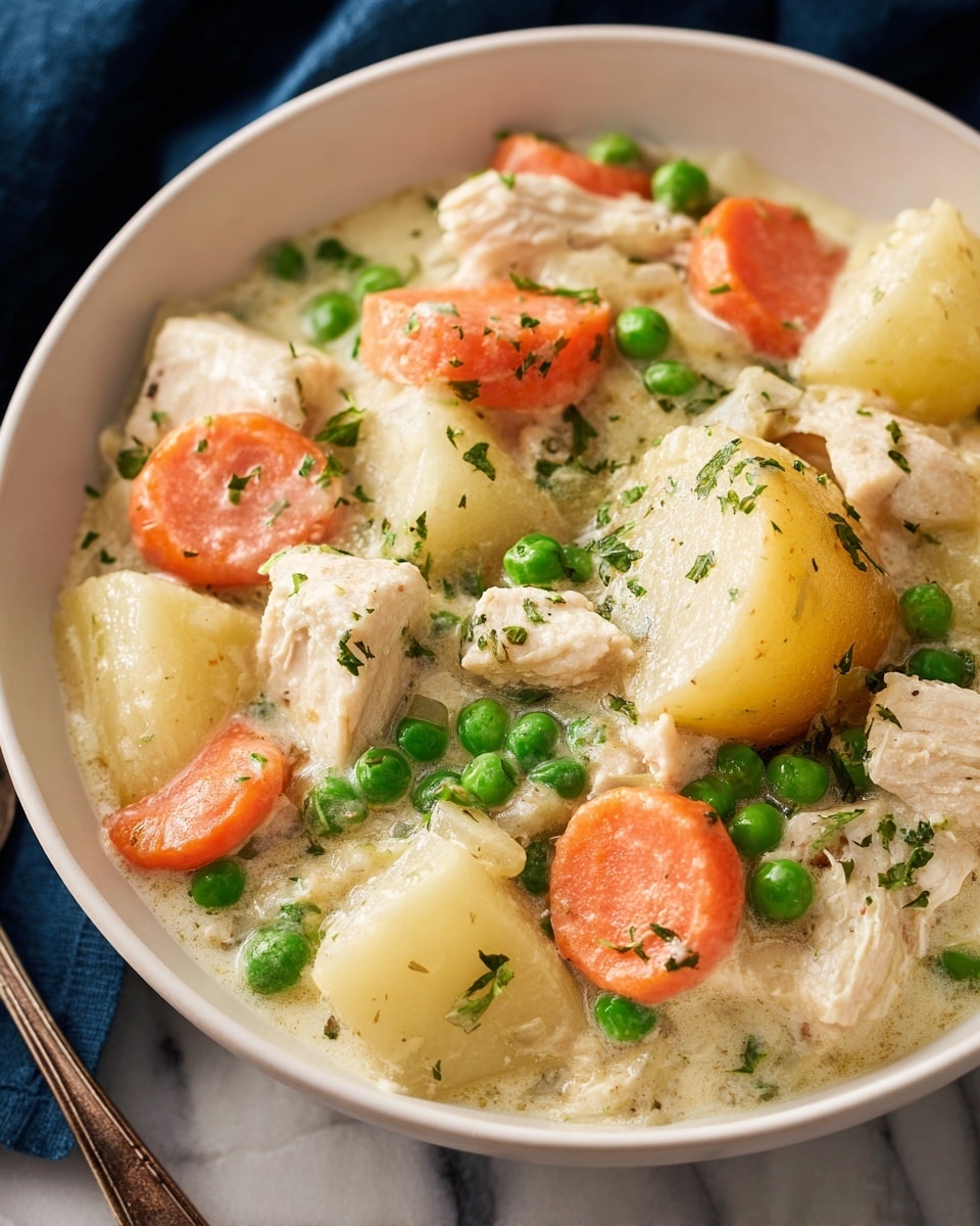 A close-up view of a bowl filled with creamy chicken and vegetable stew, showing three main layers: large chunks of light beige cooked chicken pieces, bright orange carrot slices, and pale yellow potato pieces mixed with vibrant green peas. The stew has a thick, creamy white sauce coating the ingredients, sprinkled with small green herb bits and black pepper. The bowl is white, placed on a navy blue cloth on a white marbled surface. Photo taken with an iphone --ar 4:5 --v 7
