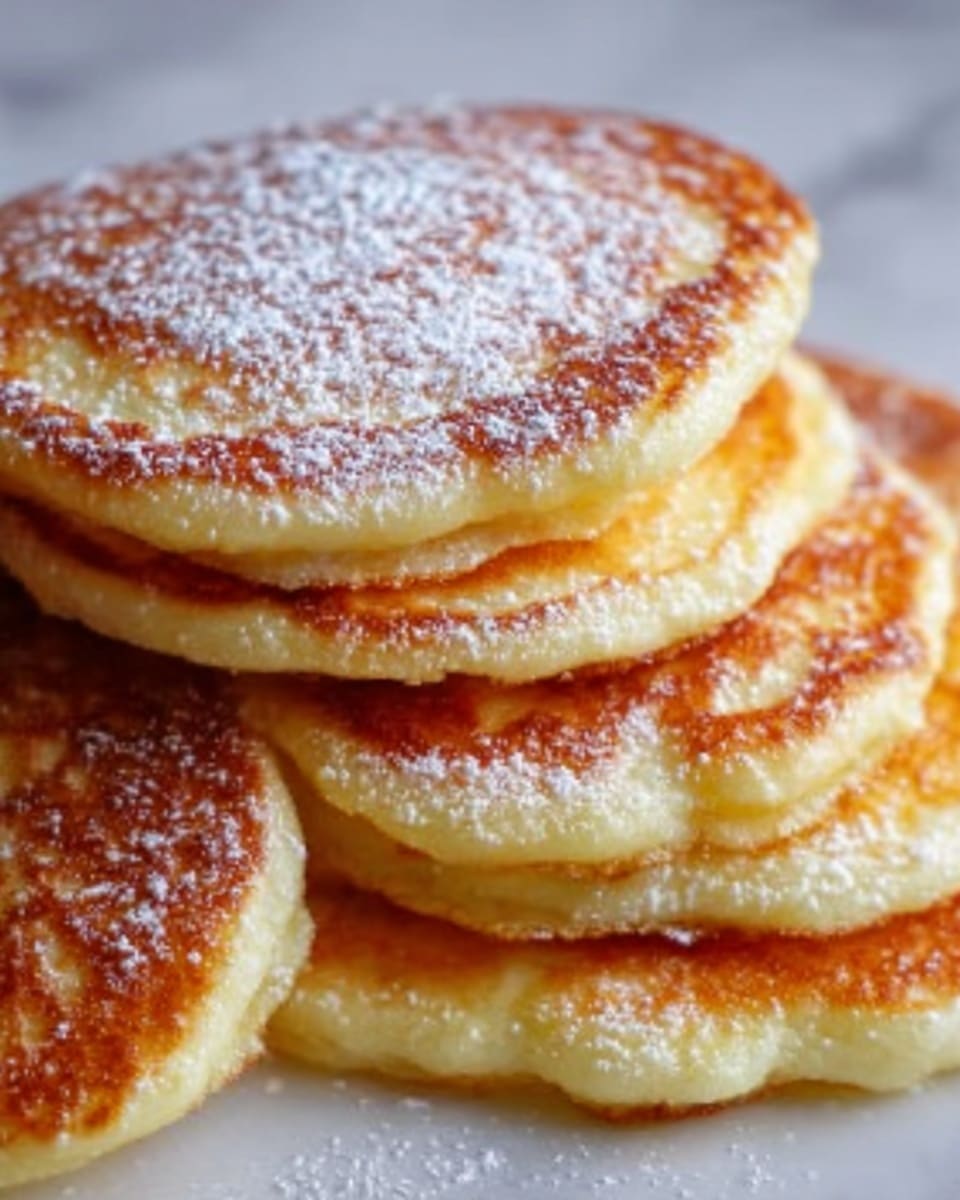 The image shows a stack of golden-brown pancakes with a light dusting of powdered sugar on top. The pancakes have a soft and fluffy texture, with slightly crisp edges and some darker, toasted spots. The stack is close-up, highlighting the layers clearly, with each pancake slightly uneven around the edges giving a natural look. The background is a white marbled surface, which contrasts softly with the warm tones of the pancakes. Photo taken with an iphone --ar 4:5 --v 7