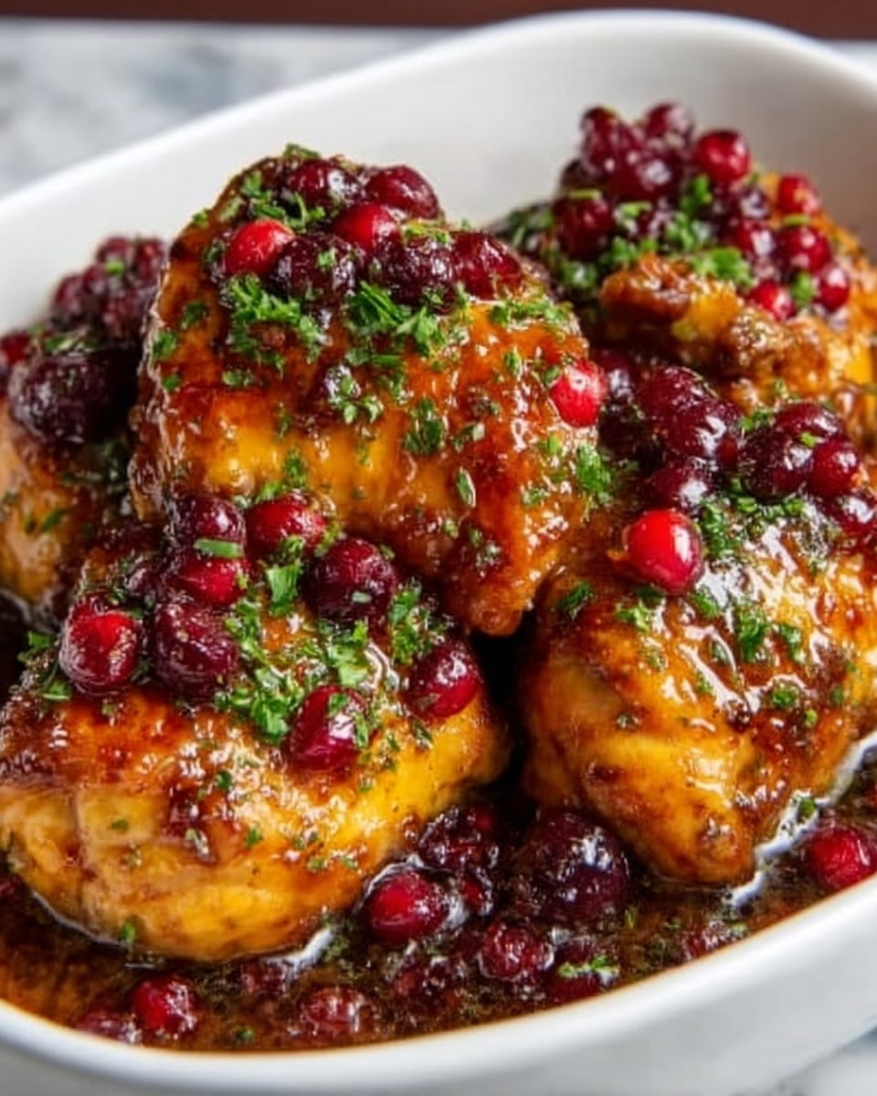 The image shows a white rectangular dish filled with six golden-brown baked chicken thighs, each covered with a thick, glossy dark red sauce mixed with whole cranberries and small chopped green herbs sprinkled on top. The chicken pieces look juicy and are closely arranged, the sauce pools around them, creating a shiny, sticky texture. The cranberries add a bright pop of red against the rich brown and orange colors of the chicken and sauce, while the green herbs add a fresh contrast. The dish sits on a white marbled surface, giving a clean and elegant background. Photo taken with an iphone --ar 4:5 --v 7
