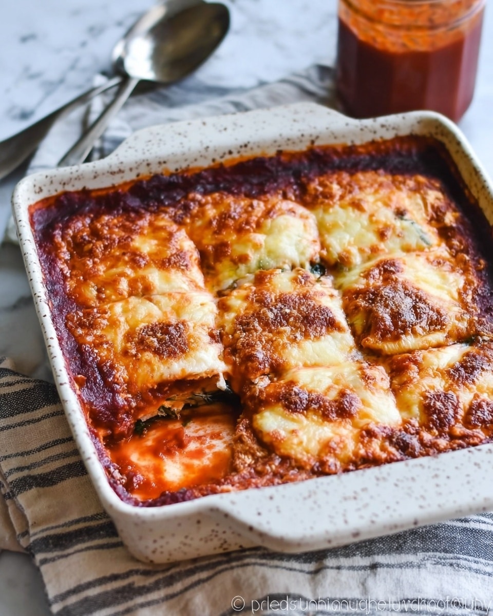 A white speckled square baking dish holds a baked dish divided into six pieces. The top layer is golden brown baked cheese with a crispy texture and slightly charred edges. Underneath the cheese is a thick layer of deep red sauce that peeks out around the edges of the dish. The dish is placed on a striped cloth over a white marbled surface. In the background, there is a metal spoon and a glass jar filled with a reddish sauce. photo taken with an iphone --ar 4:5 --v 7