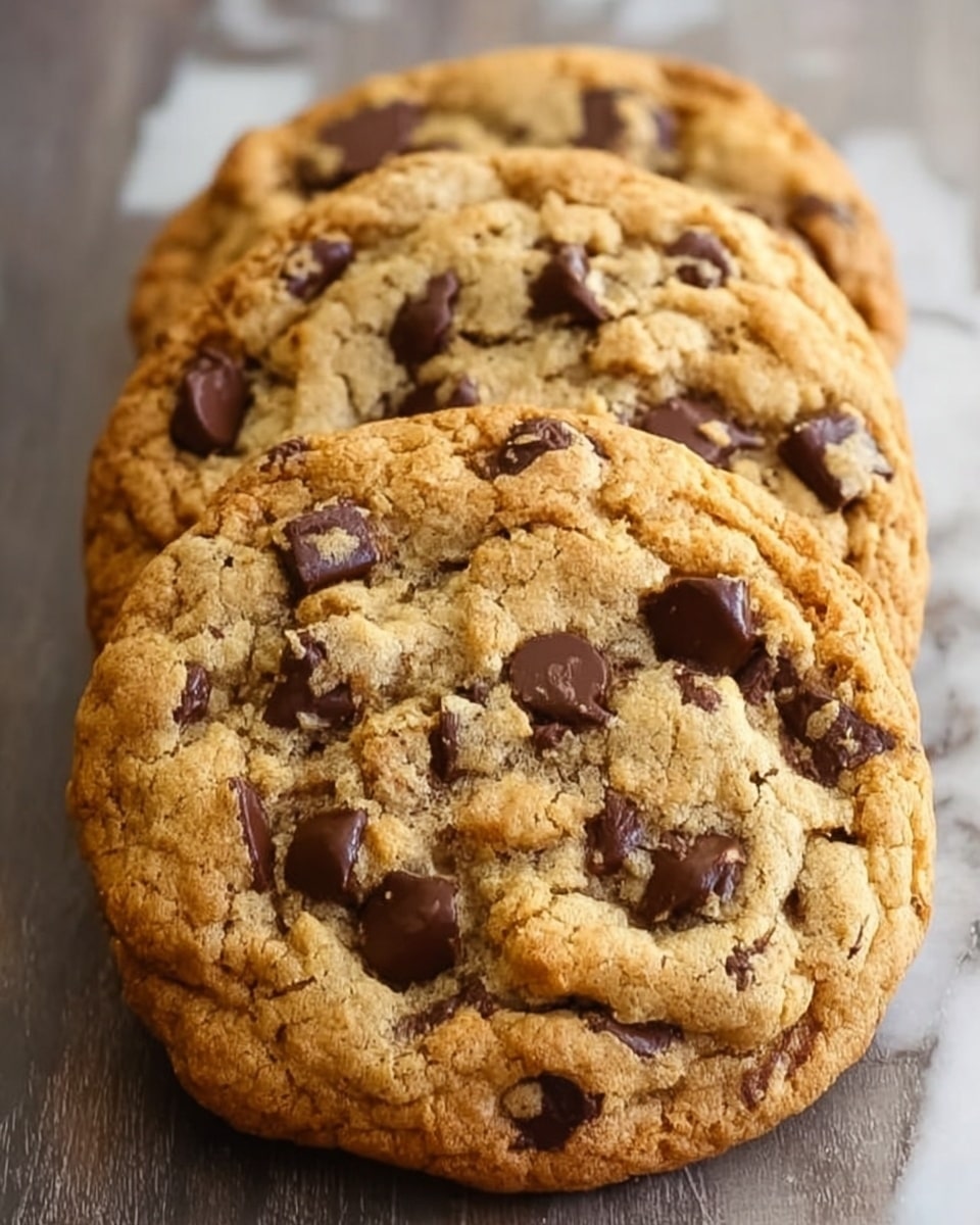 Three large chocolate chip cookies are stacked in a line, each cookie golden brown with a slightly cracked surface revealing soft texture inside. The cookies show many dark chocolate chips scattered on top and throughout, with some chips partially melted. They rest directly on a white marbled texture that contrasts with the warm colors of the cookies. The front cookie is fully visible while the others are slightly overlapping behind it, creating depth in the image. Photo taken with an iphone --ar 4:5 --v 7