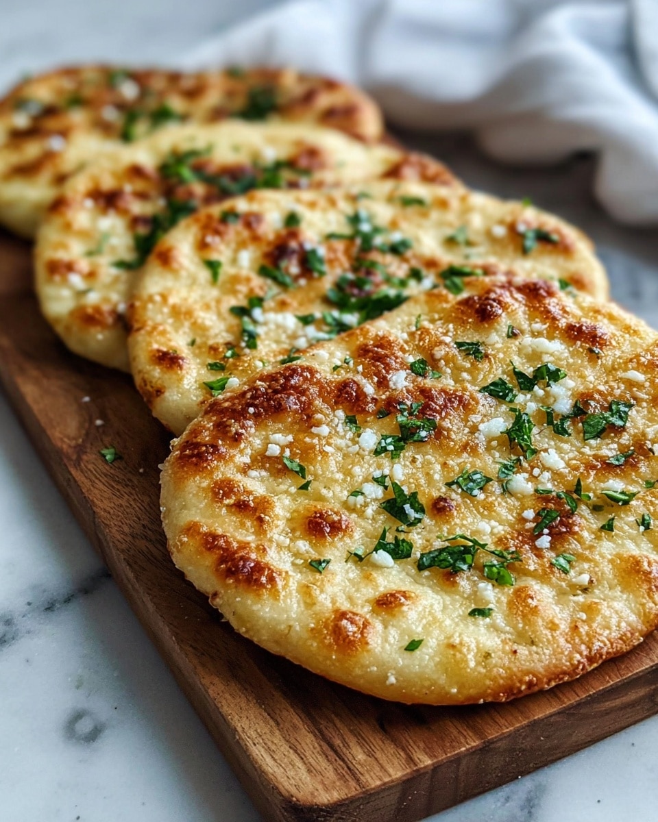 The image shows four pieces of flatbread placed in a row on a wooden board. Each piece has a golden-brown surface with bubbly, slightly crispy texture, topped with small bits of white cheese and chopped fresh green herbs scattered evenly on top. The bread is thick and soft-looking with a slightly uneven round shape. The background is a white marbled texture with a blurred cloth visible in the back. photo taken with an iphone --ar 4:5 --v 7