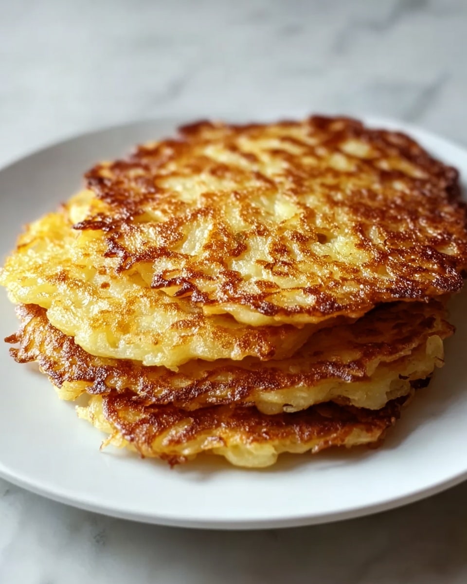 The image shows a stack of four golden-brown potato pancakes on a plain white plate. Each pancake has a crispy, textured surface with uneven edges and a mottled mix of light and dark golden spots, showing that they are well-fried. The pancakes are thin and layered one on top of the other, slightly overlapping. The plate is placed on a white marbled surface that adds a clean and simple background to highlight the pancakes. photo taken with an iphone --ar 4:5 --v 7