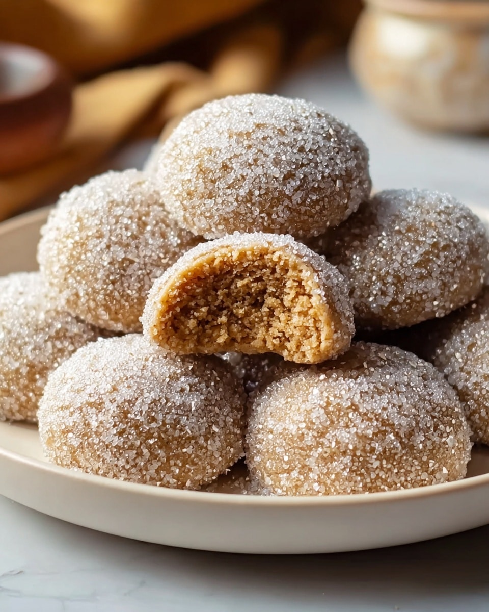 A close-up view of a white plate with eight small round cookies covered in sparkling sugar crystals. The cookies have a light brown color and a rough texture from the sugar coating. One cookie is placed on top of the others and has a bite taken out, showing a soft, dense inside with a similar brown shade. The plate is set on a white marbled surface with some blurred background elements. photo taken with an iphone --ar 4:5 --v 7