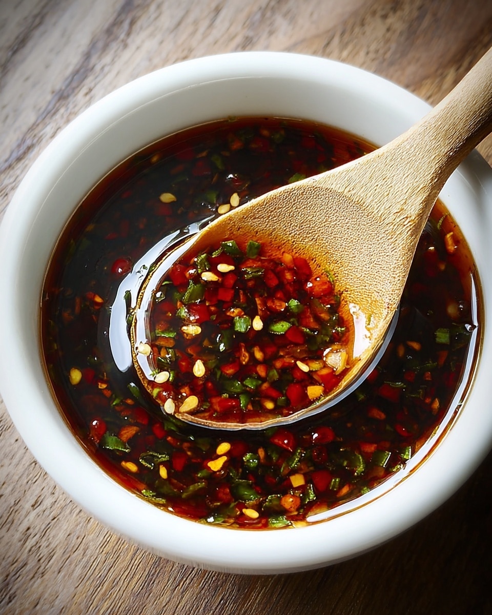 A small white bowl filled with a dark reddish-brown sauce that is oily and glossy. The sauce has tiny red chili flakes, green herbs, and small light yellow sesame seeds spread evenly throughout. A wooden spoon is resting inside the bowl, holding some of the sauce, showing the texture and colors clearly. The bowl is placed on a wooden surface but for the description, imagine it on a white marbled texture. Photo taken with an iphone --ar 4:5 --v 7