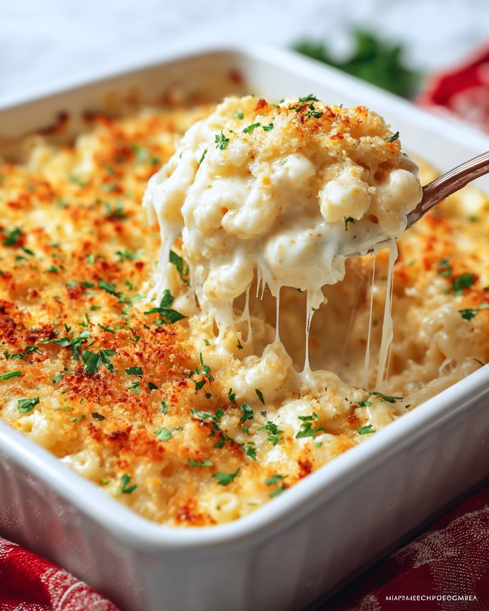 A close-up view of a baked cheesy rice casserole in a white square baking dish, showing multiple layers: a creamy white rice base mixed with cheese and herbs, topped with a golden brown crust of melted cheese and crunchy breadcrumbs scattered evenly on top. The casserole has small green herb pieces sprinkled over the surface, adding a fresh touch of color. A silver spoon is lifting a gooey spoonful, with stretchy melted cheese strands dangling, highlighting the creamy texture. The dish rests on a white marbled surface with a red and white cloth partially visible under the dish. Photo taken with an iphone --ar 4:5 --v 7