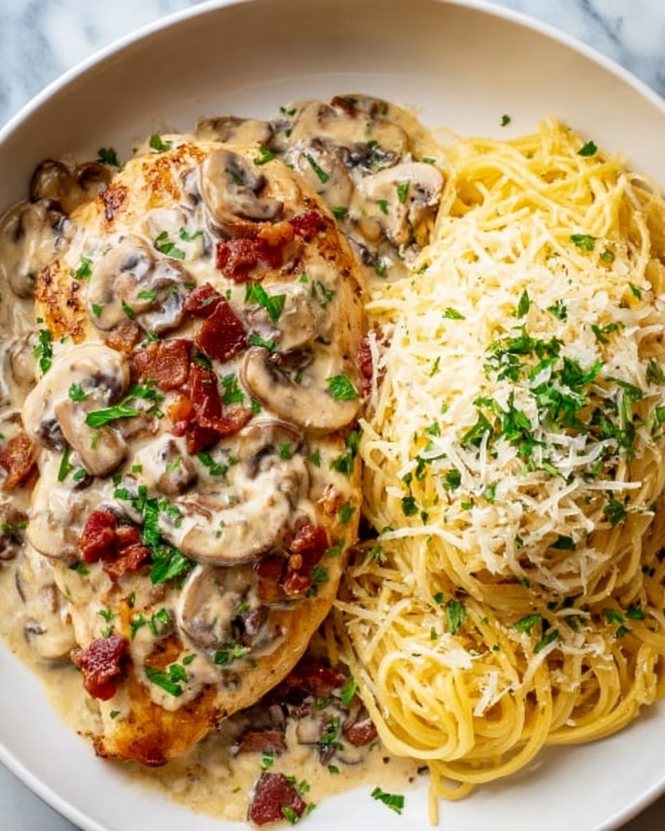 A white plate holds a thick grilled chicken breast covered with a light cream sauce filled with sliced mushrooms and small bacon bits, topped with chopped green herbs. Next to the chicken, there is a neat pile of spaghetti, mixed lightly with the same cream sauce and sprinkled with finely grated cheese and herbs, creating a soft yellow and white mix. The whole dish sits on a white marbled surface, showing a warm and creamy meal. photo taken with an iphone --ar 4:5 --v 7