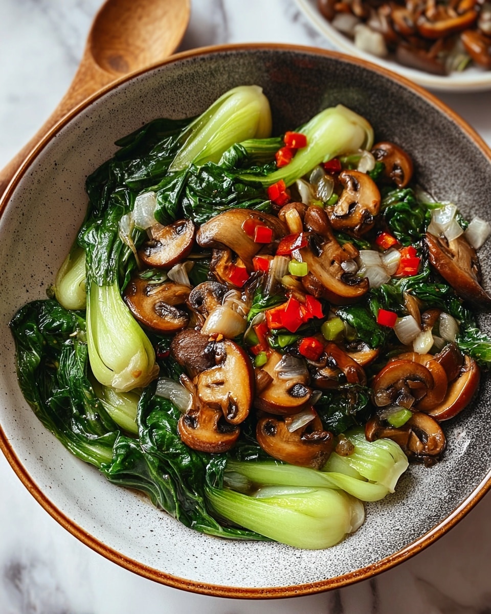 A close-up view of a stir-fried dish served in a large round white bowl with a dark speckled inner surface and brown rim, featuring three main layers of ingredients: the base layer shows glossy, bright green bok choy leaves and stems arranged evenly across the bowl; the middle layer consists of tender, brown-glazed mushroom slices scattered throughout; and the top layer is small pieces of translucent cooked onions and red chili slices, with a light sprinkling of white sesame seeds on top, all displayed on a white marbled textured surface. Photo taken with an iphone --ar 4:5 --v 7