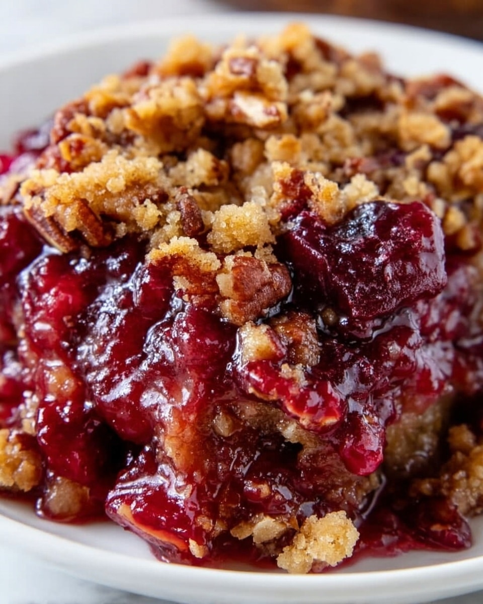 The image shows a close-up of a pecan crisp dessert with two main layers visible: a thick, glossy, deep red fruit layer filled with cooked cranberries, and a crumbly, light brown pecan crisp topping with a rough texture scattered across the top. The cranberries appear juicy and vibrant, contrasting with the dry, crunchy topping. The dessert is served on a white plate, placed on a white marbled surface. The overall look is rich, textured, and appetizing. Photo taken with an iphone --ar 4:5 --v 7
