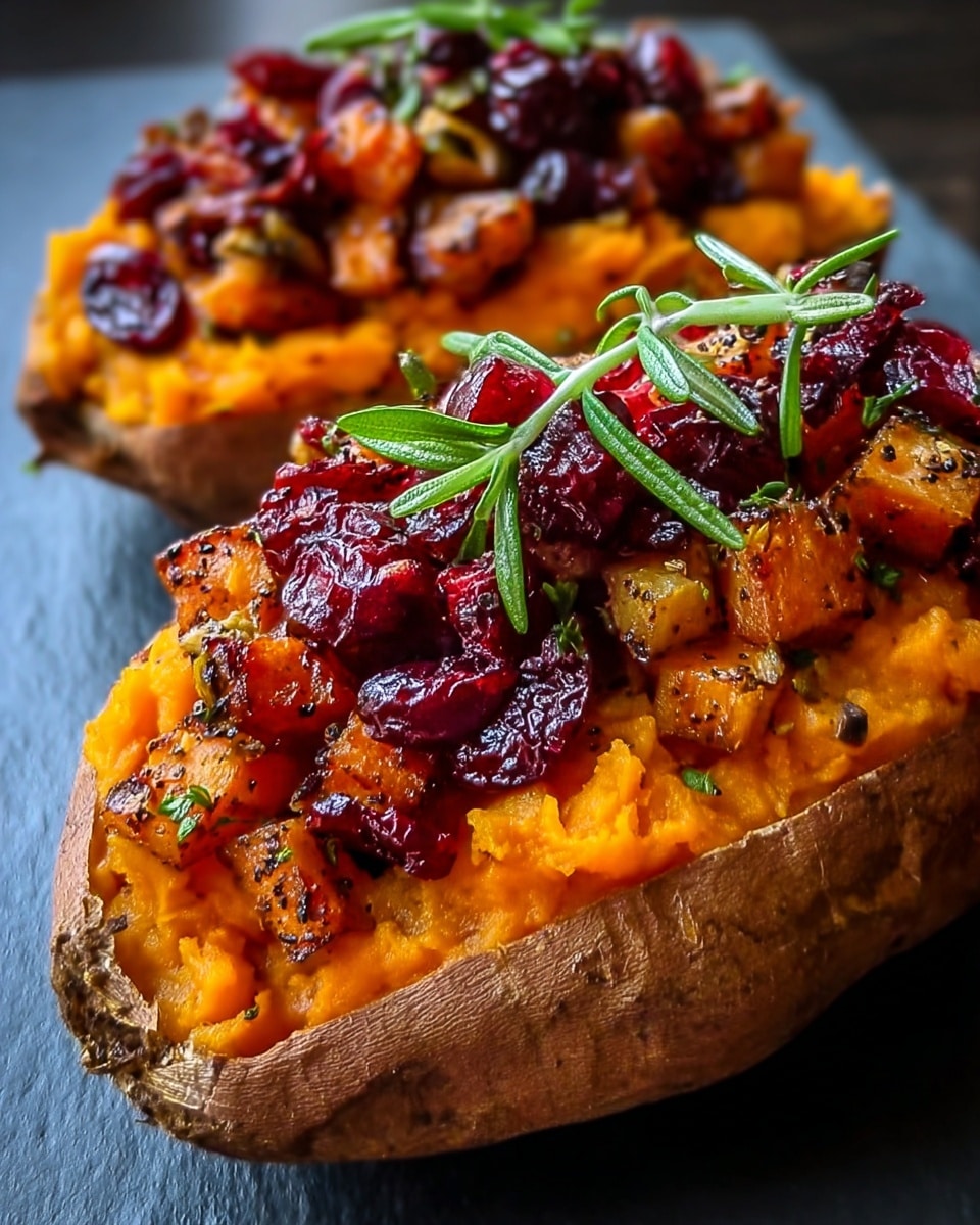 The dish shows two sweet potato halves placed on a dark slate surface, each filled with a smooth, bright orange mashed sweet potato base. On top of the mash, there is a layer of roasted, golden brown diced sweet potatoes mixed with small green herb bits and black pepper specks, giving a textured look. Covering this layer is a generous topping of deep red dried cranberries, creating a shiny, slightly wrinkled contrast. Each potato half is garnished with fresh green herb sprigs, adding a fresh touch. The skin of the sweet potatoes is rough and brown, contrasting with the colorful filling. photo taken with an iphone --ar 4:5 --v 7