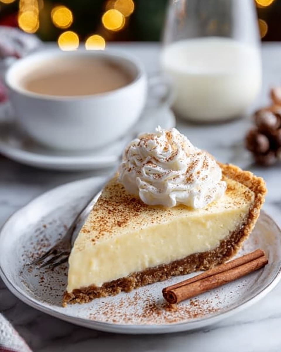 A slice of pie with three visible layers sits on a white plate on a white marbled surface: the bottom layer is a golden-brown crumbly crust, the middle layer is a smooth pale yellow creamy filling, and the top layer is a fluffy white whipped cream swirl dusted with light brown cinnamon powder. A cinnamon stick lays next to the pie slice on the plate. In the background, there is a white cup with coffee and a glass of milk, along with some small pine cones and red berries, softly blurred. The scene has warm glowing lights in the background. Photo taken with an iphone --ar 4:5 --v 7