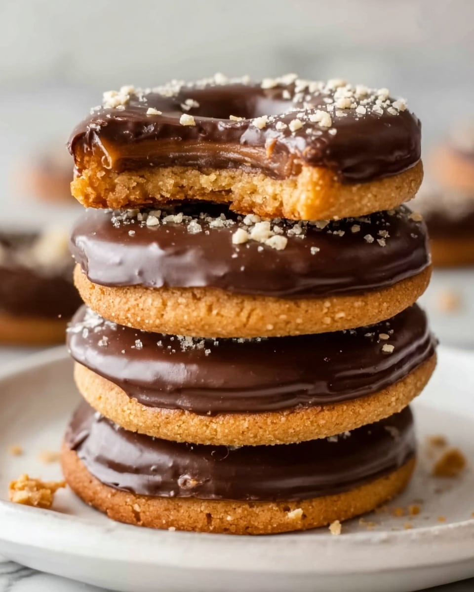 Three round cookies stacked on top of each other, each cookie has a golden brown base and is topped with a thick layer of smooth, dark chocolate icing that covers the entire top surface. The chocolate layer is glossy and has tiny chopped nuts sprinkled unevenly on top. The stack is placed on a crumpled piece of white parchment paper, set on a white marbled surface. Light shines softly on the cookies, highlighting their textures and making the chocolate look rich and shiny. Photo taken with an iphone --ar 4:5 --v 7