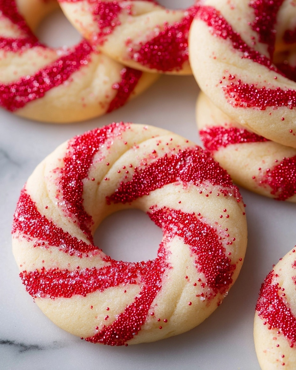Two ring-shaped cookies are shown on a white marbled surface. Each cookie has a smooth, pale cream base with bright red swirls that wrap around the ring in a candy cane pattern. The red patches are slightly textured with granulated sugar crystals, giving a sparkly, rough look contrasting with the soft dough. The cookies are slightly thick, with a gentle curve on the top edges and a clean hole in the center of each ring. The focus is on the front cookie, showing the texture clearly, while the second cookie is softly blurred in the background. photo taken with an iphone --ar 4:5 --v 7