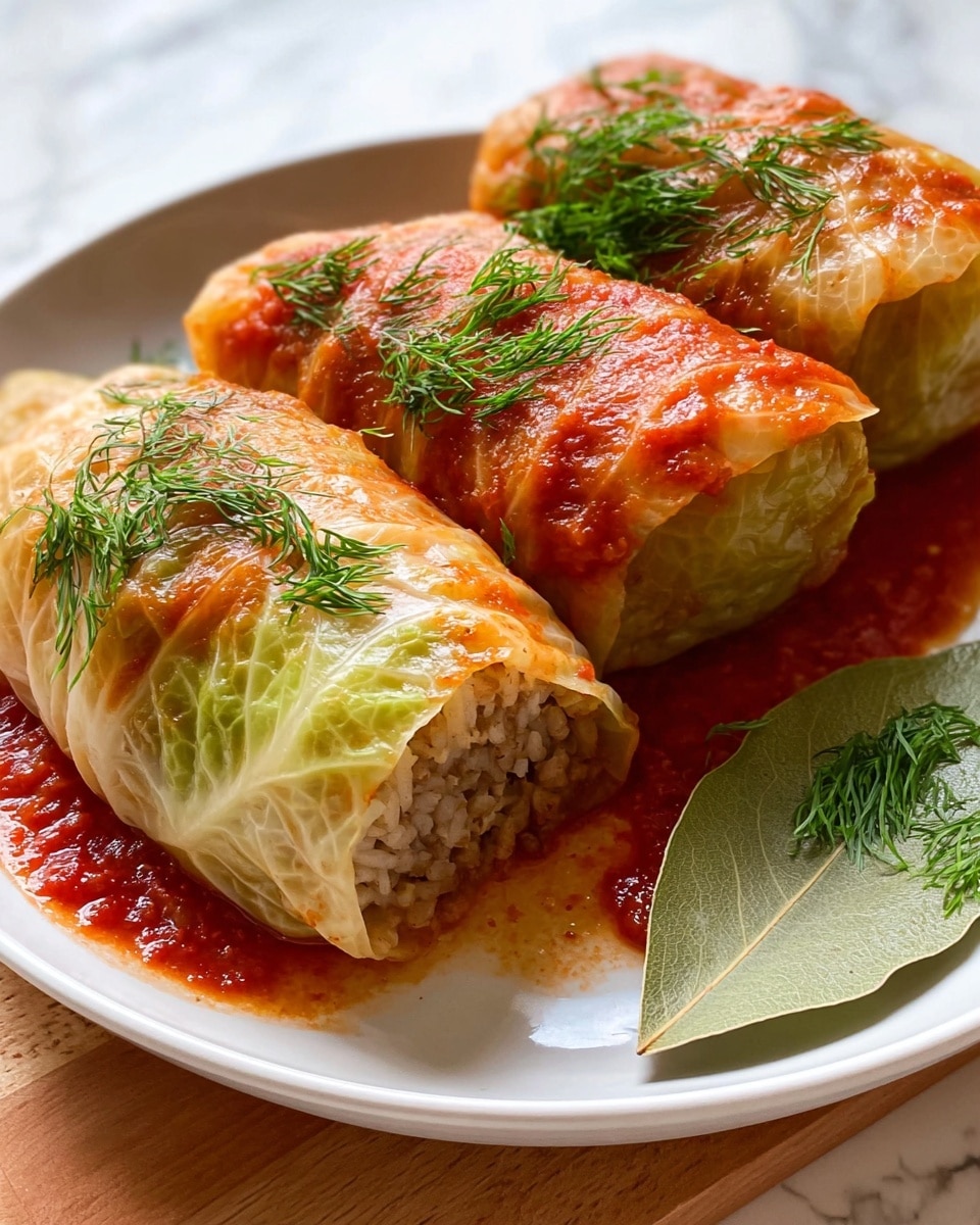 The image shows four cabbage rolls placed on a white plate with soft folds of pale green cabbage leaves wrapped tightly around a brownish filling. The rolls are covered with bright red tomato sauce, which also spreads on the plate beneath them. Green dill sprigs are placed on top of the rolls and around the plate, adding contrast. A bay leaf is partly dipped in the sauce near the front right side of the plate. The whole scene is set on a white marbled surface, giving a fresh and clean look. Photo taken with an iphone --ar 4:5 --v 7
