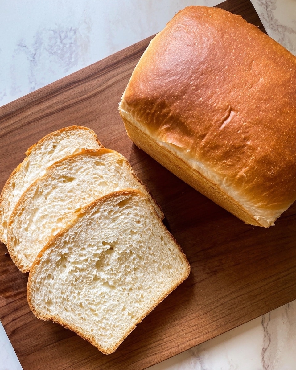 A loaf of bread with a golden brown crust sits on the right side of a light wooden cutting board, accompanied by three slices of light beige bread with soft, porous texture, arranged overlapping on the left side. The bread surface has some faint wrinkles and a smooth, slightly shiny crust. The background is a white marbled texture beneath the cutting board. photo taken with an iphone --ar 4:5 --v 7