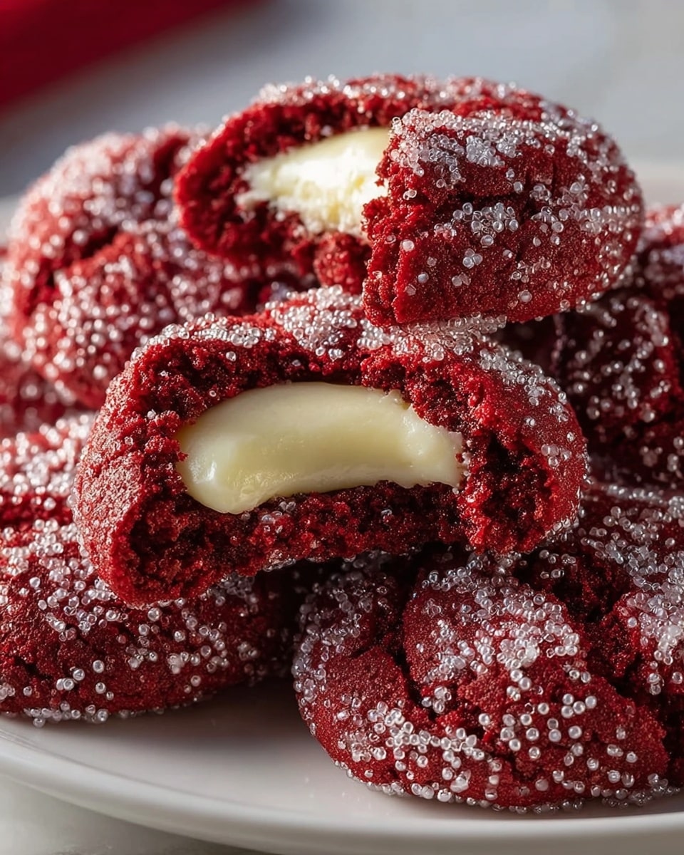 The image shows a group of red velvet thumbprint cookies, each coated in large sugar crystals that give a sparkly texture on the outside. The cookies are deep red and soft-looking, with a creamy white frosting filling in the center of each one. One cookie is split open to reveal a thick, smooth, white cream cheese filling inside, contrasting with the textured red outside. The cookies are placed closely inside a white bowl, sitting on a white marbled texture surface, creating a clean and bright background. photo taken with an iphone --ar 4:5 --v 7