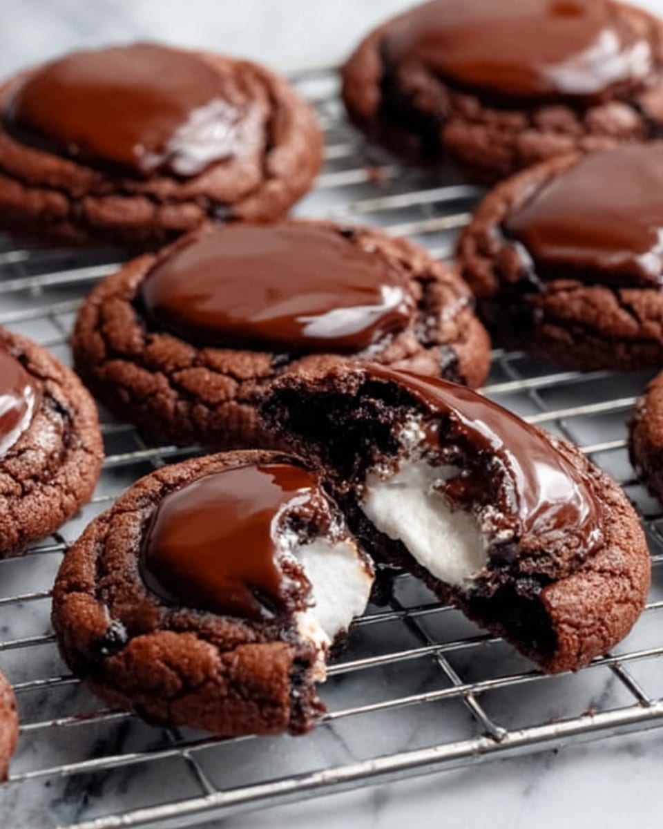 The image shows a close-up of several chocolate cookies arranged on a white marbled surface with a wire cooling rack underneath. Each cookie has a thick layer of shiny, smooth chocolate spread on top, with one cookie broken in half revealing a white and gooey marshmallow center. The cookies have a rich, dark brown color with a slightly cracked texture on the edges. Photo taken with an iphone --ar 4:5 --v 7