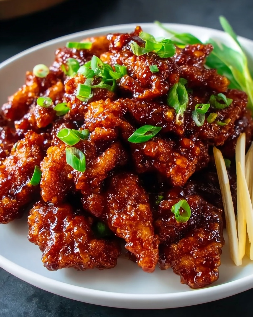A white plate holds a generous pile of crispy fried chicken pieces covered in a thick, shiny dark reddish-brown sauce, giving the chicken a glossy and sticky look. The chicken pieces are textured with a crunchy coating visible under the sauce. Bright green chopped scallions are scattered evenly on top, adding a fresh contrast of color. On the right side of the plate, there is a small stack of light beige thin strips, possibly ginger or bamboo shoots, adding a subtle color difference. The plate is set on a white marbled texture background, enhancing the dish's rich colors. Photo taken with an iphone --ar 4:5 --v 7