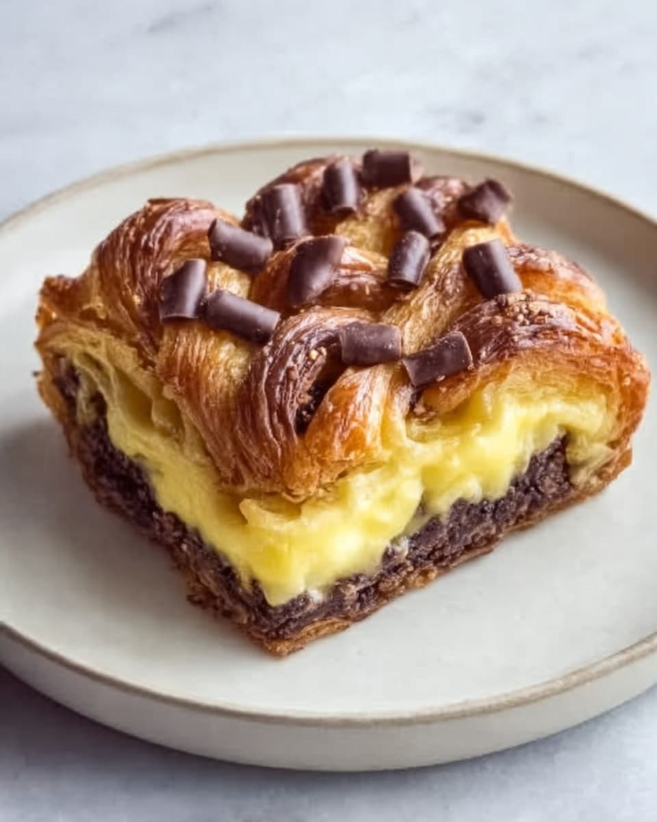 A square-shaped pastry with twisted edges and a shiny golden brown crust sits on a round white plate. The pastry has three thick layers: the bottom layer is made of dark chocolate dough, the middle layer is filled with a smooth, creamy, light yellow custard, and the top layer is twisted dark chocolate dough sprinkled with small chunks of rich chocolate. The pastry looks soft and slightly glossy, showing melted chocolate pieces on top. The plate rests on a white marbled textured surface. Photo taken with an iphone --ar 4:5 --v 7