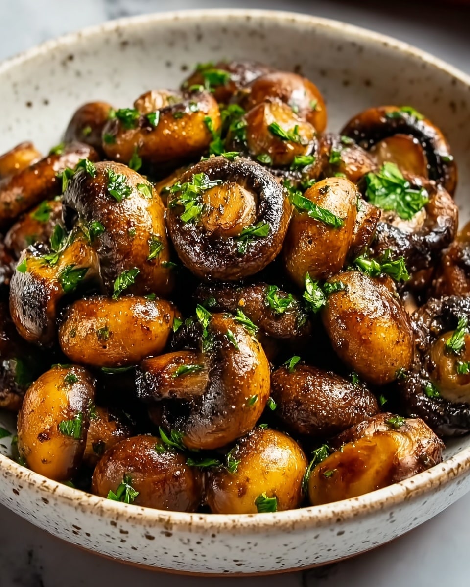 A close-up view of a bowl filled with cooked brown mushrooms, each piece glistening with a shiny, oily texture and sprinkled with fresh green herbs. The mushrooms are whole or halved, showing their smooth, dark brown caps and lighter, cream-colored spaces inside. The bowl is white with a subtle speckled pattern around the top edge, resting on a white marbled surface that provides a clean, bright background. The lighting highlights the glossy, juicy look of the mushrooms and the freshness of the green herb bits scattered on top. photo taken with an iphone --ar 4:5 --v 7