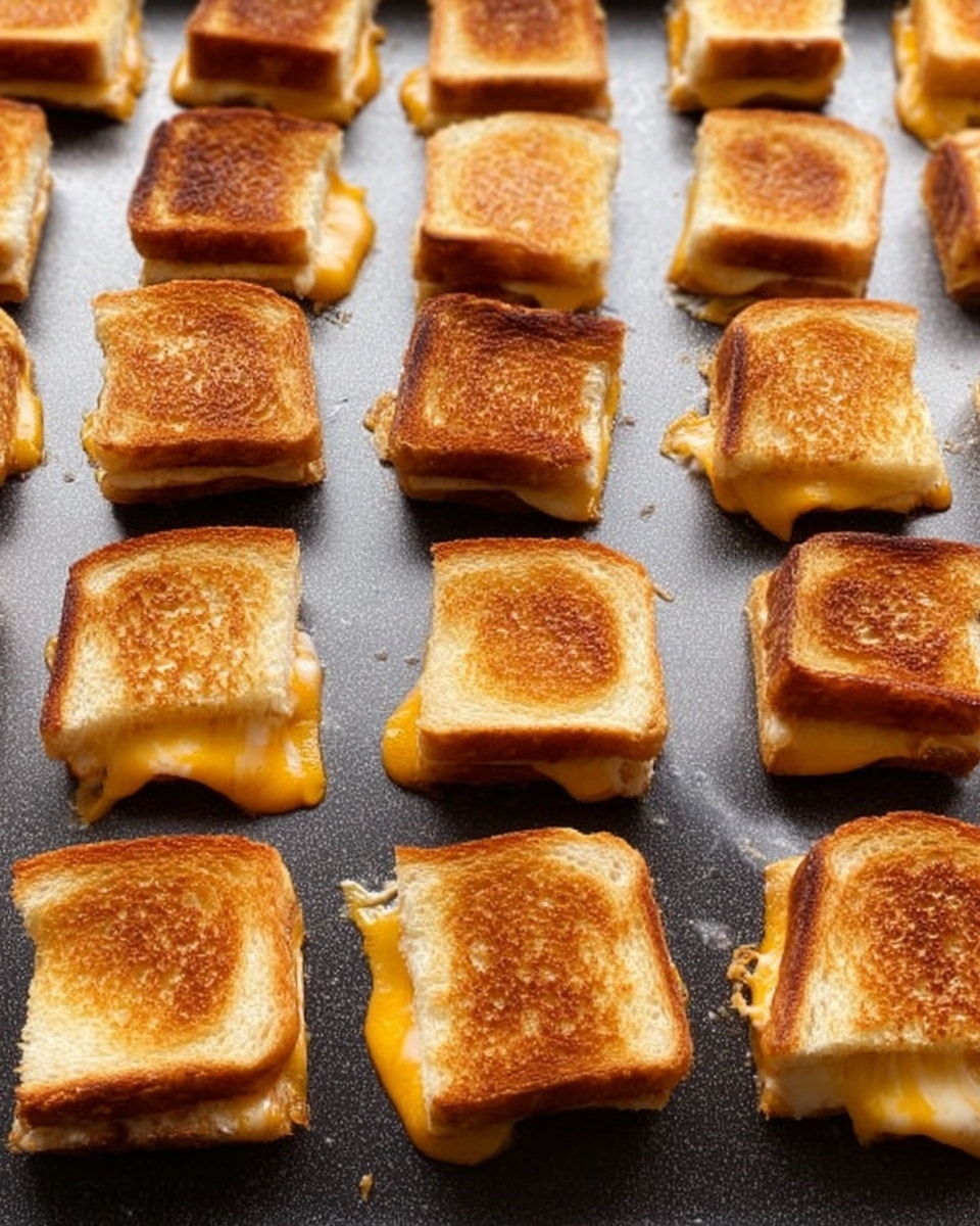 Small, square grilled cheese sandwiches are arranged in neat rows on a black flat cooking surface. Each sandwich has a golden brown, crispy top layer with slight variations in the toasting, some edges darker than others. Below the top layer of bread, melted yellow cheese is visible, slightly oozing out between two soft, thick bread slices, with a light golden crust on the sides. The background is a white marbled texture, complementing the array of sandwiches evenly spaced across the cooking surface. Photo taken with an iphone --ar 4:5 --v 7