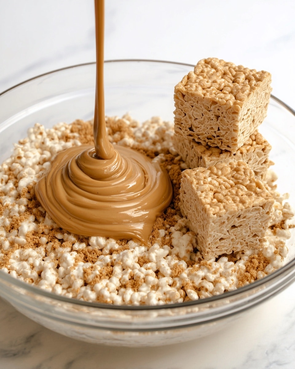 A clear glass bowl on a white marbled texture surface contains four main parts: on the right, there are three square, layered crispy rice treats stacked vertically, showing a light beige color with dark brown spots mixed in; in the center, there is a smooth, thick, creamy light brown mixture being poured onto a base, creating swirled layers of glossy texture; around the base and creamy mixture, there is a scattered layer of puffed rice cereal and small dark brown crumbly pieces, creating a crunchy texture contrast. photo taken with an iphone --ar 4:5 --v 7