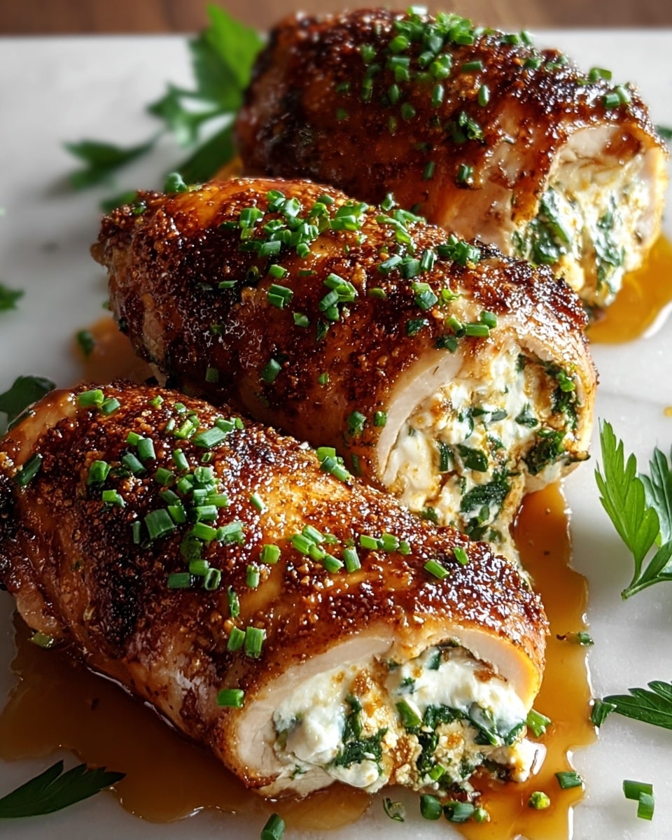 Three grilled chicken roll pieces are placed close together on a white marbled surface. Each roll has a dark golden brown, slightly crispy outer layer speckled with green chopped herbs on top. Inside, a soft, creamy white layer mixed with green leafy herbs makes up the filling. The rolls rest on a glossy, amber-colored sauce, with fresh flat green parsley leaves arranged around them. The focus is tight on the rolls, showing the textures of the grill marks and the creamy herb filling clearly. photo taken with an iphone --ar 4:5 --v 7