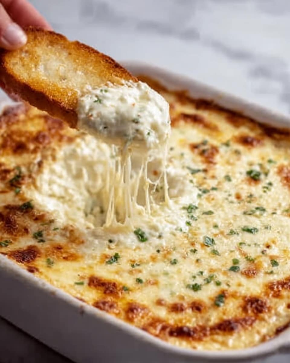 A white rectangular dish filled with a creamy baked dip that is golden brown and bubbly on top, with small green herb pieces scattered across the surface. A woman's hand is holding a toasted piece of bread that is covered in melted, stretchy cheese pulled from the dip, showing its gooey texture. The background is a white marbled surface. photo taken with an iphone --ar 4:5 --v 7
