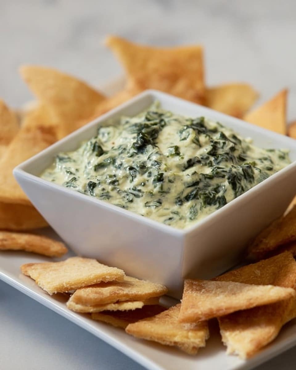 A square white bowl filled with creamy spinach dip, showing smooth light green base mixed with visible dark green spinach leaves throughout, sits on a white rectangular plate. Surrounding the bowl on both sides are light golden tortilla chips with a slightly rough texture. The setting has a white marbled background and surface, giving a clean and simple look. photo taken with an iphone --ar 4:5 --v 7