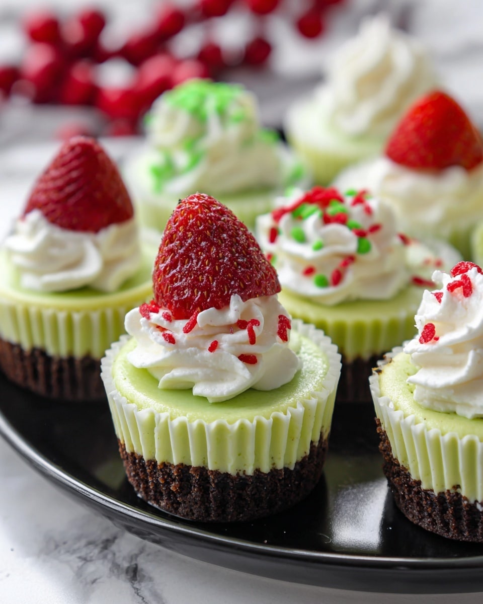 The image shows mini green cheesecakes in white paper liners, placed on a black plate with parchment paper underneath, all sitting on a white marbled surface. Each cheesecake has three visible layers: a dark brown crumbly crust at the bottom, a thick smooth light green cheesecake layer in the middle, and various toppings on top. Some have a dollop of white whipped cream covered with red heart and green sprinkle decorations, while others are decorated with a whole red strawberry topped with a small swirl of white cream. In the background, red berries add a festive touch. photo taken with an iphone --ar 4:5 --v 7