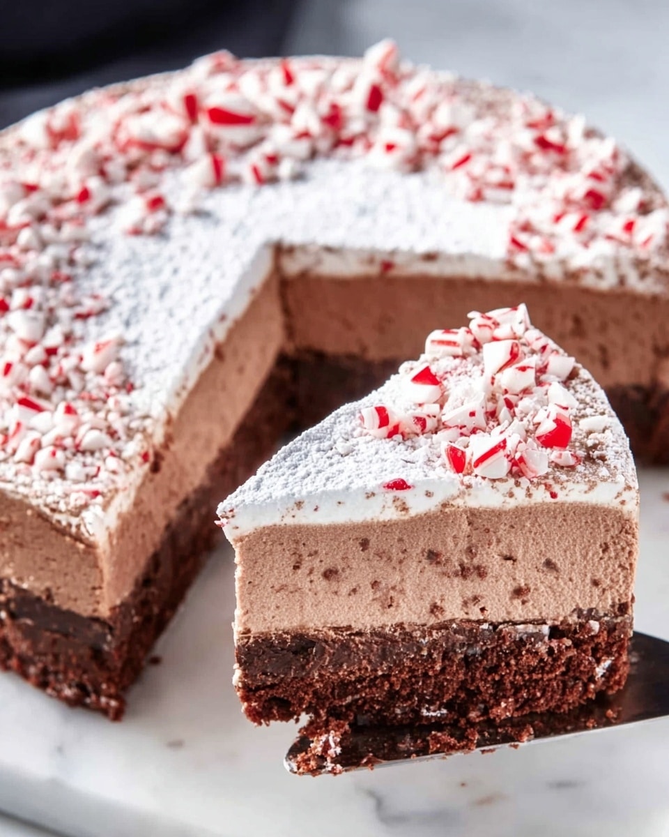 The image shows a round chocolate cake with one slice being lifted by a cake server. The cake has three visible layers: the bottom layer is a dark chocolate crumb base with a rough and crunchy texture; the middle layer is thick, creamy milk chocolate mousse with a smooth, airy look; the top layer is dusted with white powdered sugar and decorated with small, red-and-white striped candy pieces, adding a festive touch. The cake sits on a white marbled surface. Photo taken with an iphone --ar 4:5 --v 7