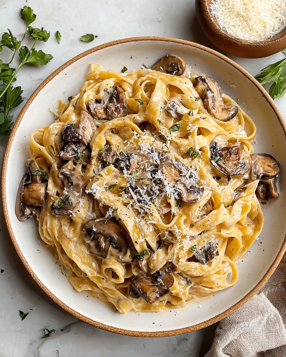 The dish shows a white plate filled with three main layers of fettuccine pasta coated in a creamy light brown sauce. On top and mixed within the pasta are several pieces of sautéed mushrooms in dark brown and beige tones, adding texture and depth. The entire pasta is sprinkled with finely grated white cheese that adds a slightly grainy look across the surface. The plate rests on a white marbled texture, with some fresh green herbs partly visible at the top right side. A small brown bowl filled with grated cheese is seen in the upper left corner. photo taken with an iphone --ar 4:5 --v 7