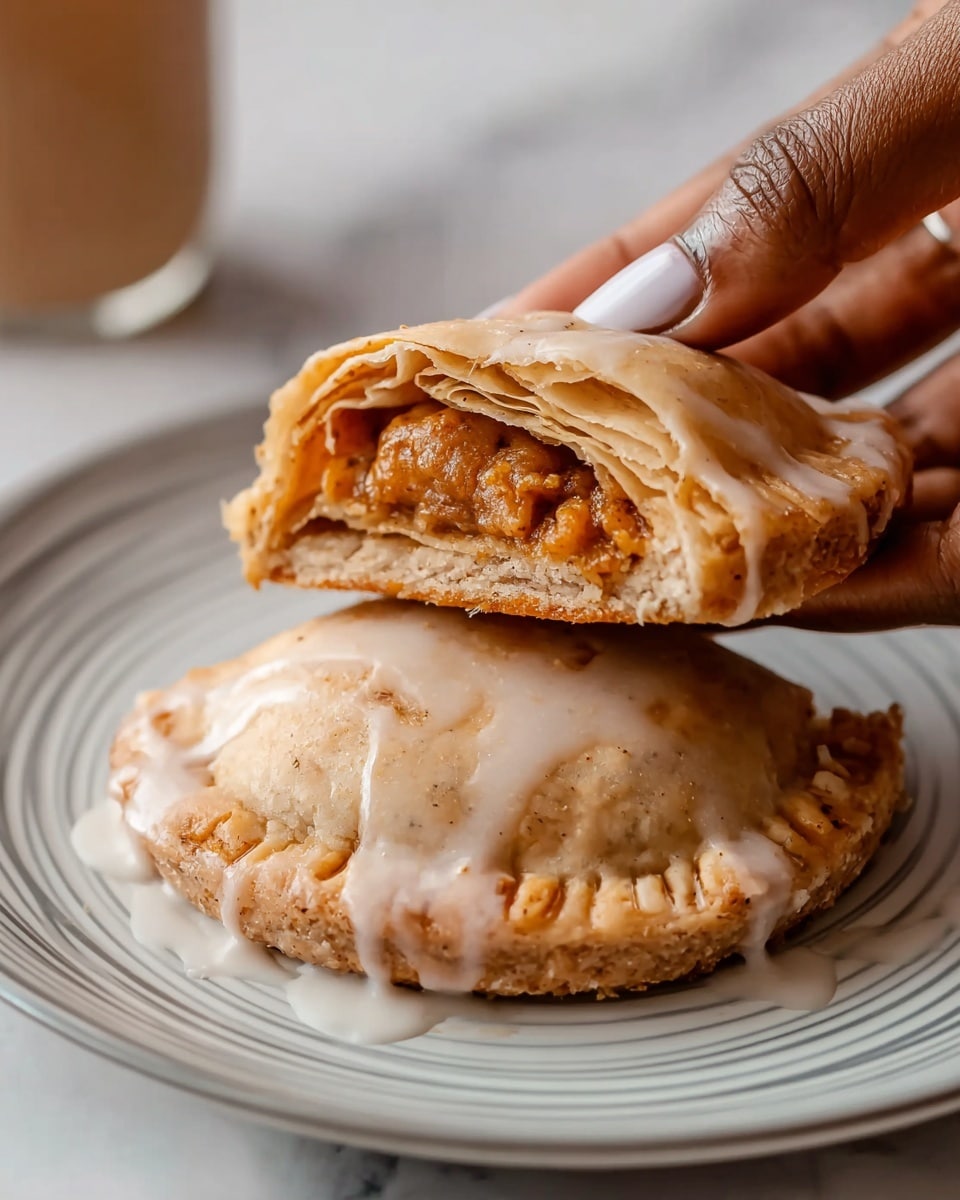 Two round pastries rest on a white plate with gray lines along the edge, placed on a white marbled surface. The pastry on the bottom appears dense and flat with a slightly rough texture and is covered in a light beige glaze that drips down the sides. On top sits another pastry half, held by a woman's fingers with light-colored nails. This top pastry is flaky with multiple thin golden-brown layers visible inside, revealing a soft, spiced filling of warm brown and orange hues. The glaze is also lightly spread on this piece. Photo taken with an iphone --ar 4:5 --v 7