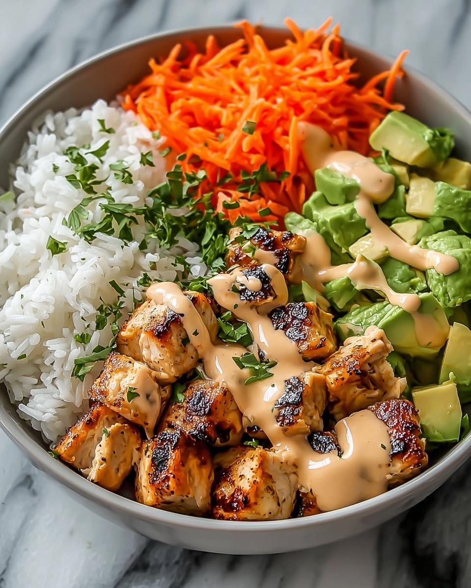 A bowl filled with four main sections: soft white rice on the left side, bright orange shredded carrots on the top left, fresh green avocado pieces cut into chunks on the top right, and grilled golden brown chicken cubes with char marks in the center. The chicken is drizzled with a creamy light brown sauce and garnished with chopped fresh green herbs, all set against a white marbled texture background. photo taken with an iphone --ar 4:5 --v 7