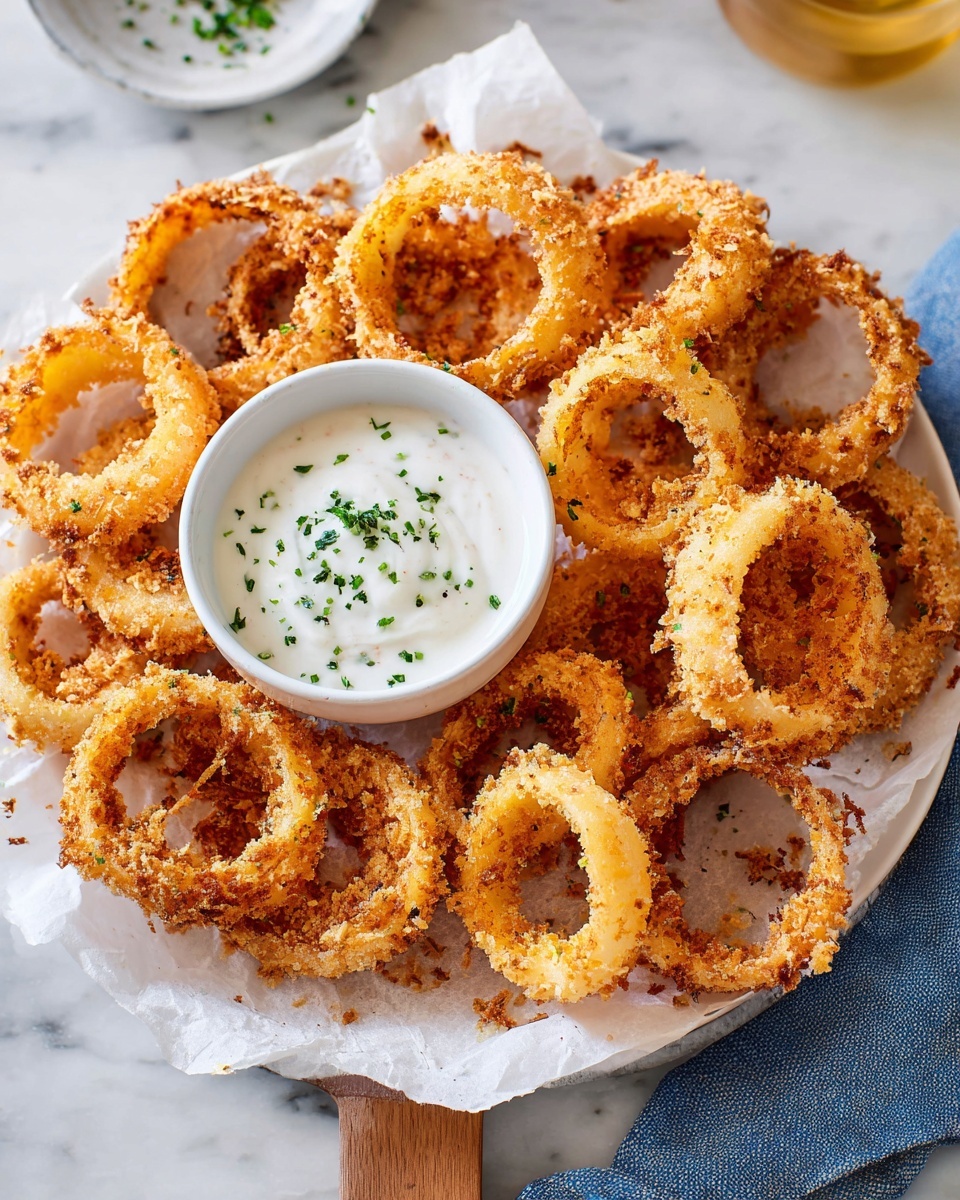 A white bowl filled with a stack of golden-brown crispy fried onion rings, each ring showing crispy edges and layers of light brown and toasted orange colors, lightly sprinkled with chopped green herbs. In the center of the bowl, there is a smaller white bowl containing thick white dipping sauce topped with more green herb pieces. The bowl sits on a white marbled surface, with a folded teal cloth visible on the side. photo taken with an iphone --ar 4:5 --v 7