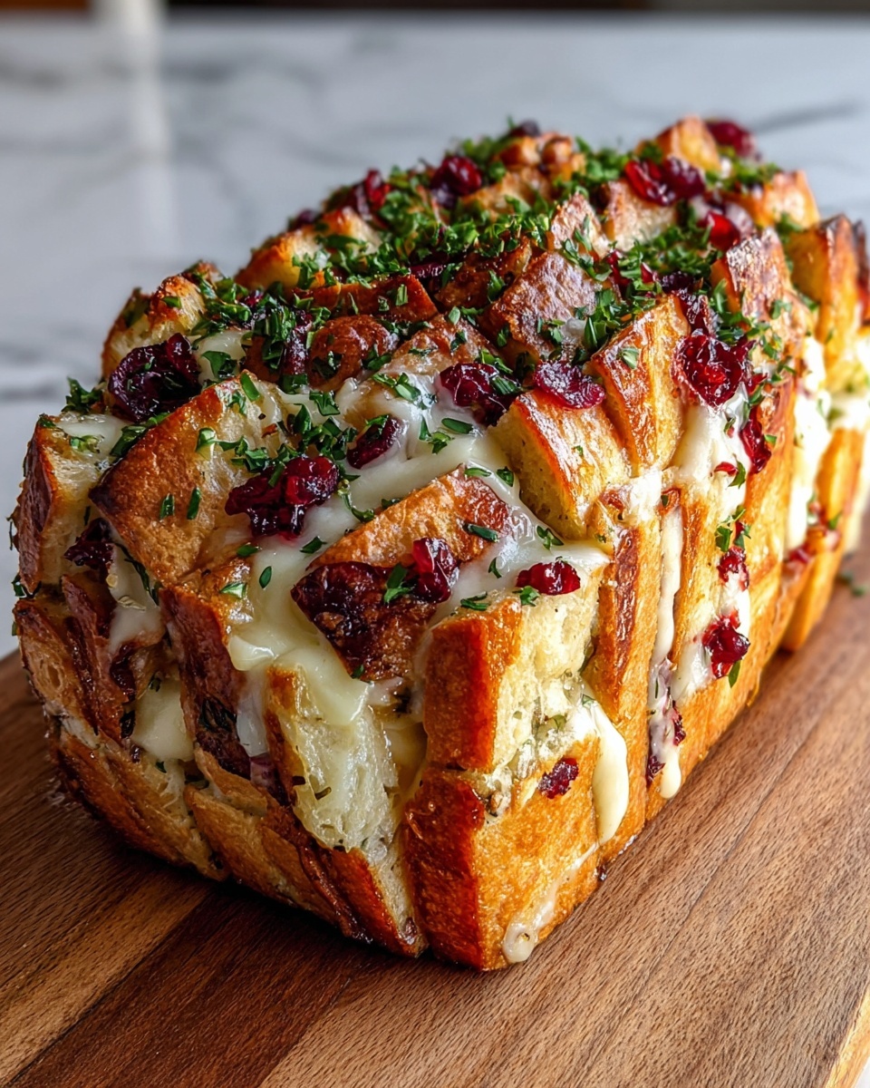 The image shows a thick loaf of golden brown bread with multiple diagonal cuts filled with layers of creamy white cheese and rich red cranberry jam. Each section has a slightly crispy, toasted crust with some melted cheese bubbling on top. Green chopped herbs are sprinkled evenly over the entire loaf, adding a fresh contrast to the warm colors. The loaf is placed on a wooden board, set against a white marbled surface in soft natural light that highlights the texture and shine of the bread, cheese, and jam. photo taken with an iphone --ar 4:5 --v 7