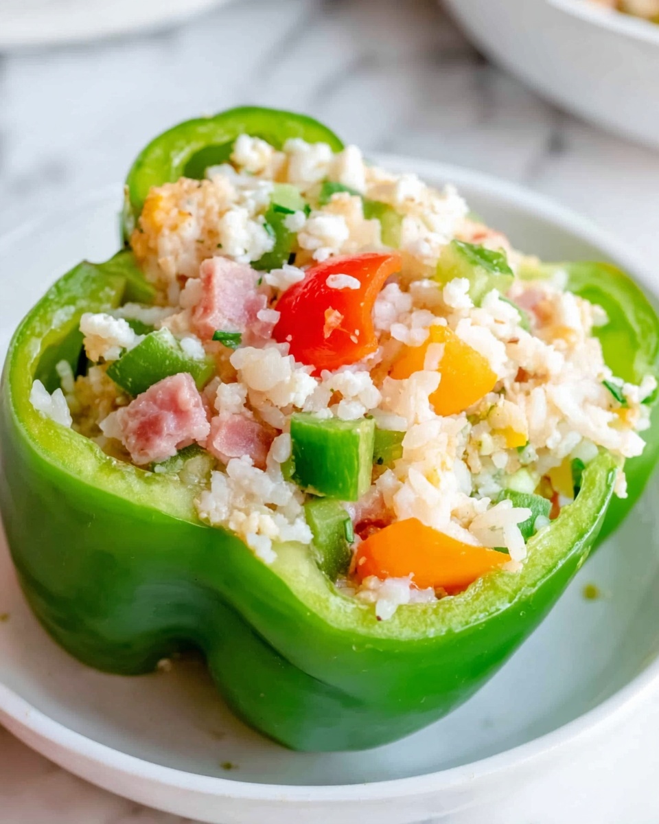 The image shows a close-up of a white square bowl filled with a green bell pepper cut into rings, each ring stuffed with a colorful mix of cooked white rice, diced red tomatoes, small bits of red onion, and green cucumber pieces. The stuffed green pepper rings sit on a white marbled surface, and the rice looks soft and mixed with the fresh vegetable pieces, giving a fresh and healthy look. The photo has natural light and clear focus. photo taken with an iphone --ar 4:5 --v 7