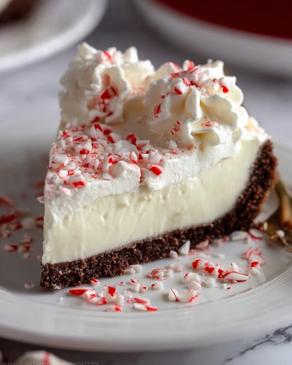 A square slice of a dessert with three visible layers sits on a white plate with a white marbled texture background. The bottom layer is a dark brown crumbly crust made from crushed cookies. The middle layer is thick and creamy, pale white in color, smooth and firm. On top, there are dollops of white whipped cream arranged evenly, with small red and white crushed peppermint candy pieces sprinkled over the whipped cream and plate, adding bright color and texture. Photo taken with an iphone --ar 4:5 --v 7